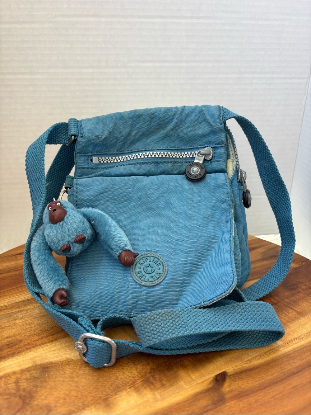 Kipling Teal Blue Crossbody Bag with Plush Monkey Charm